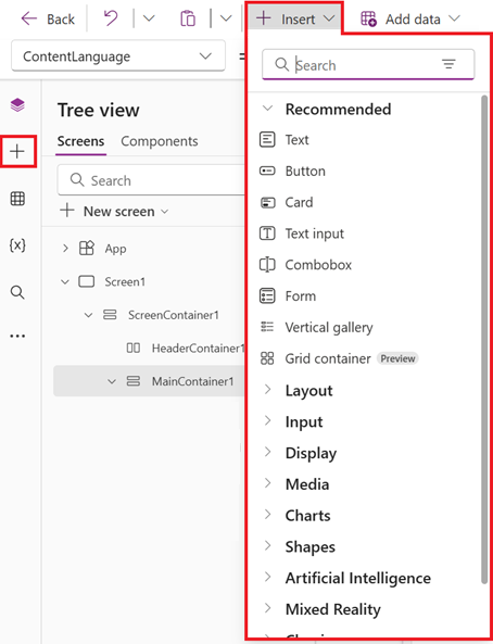 Screenshot that shows where the two insert controls are located. One is in the command bar and the other control (plus sign) is in the navigation menu.