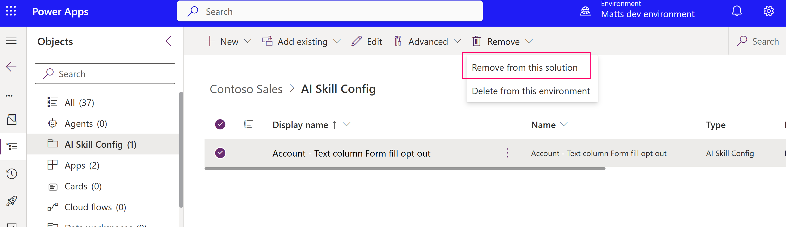 Remove an ai skill config table record for a column