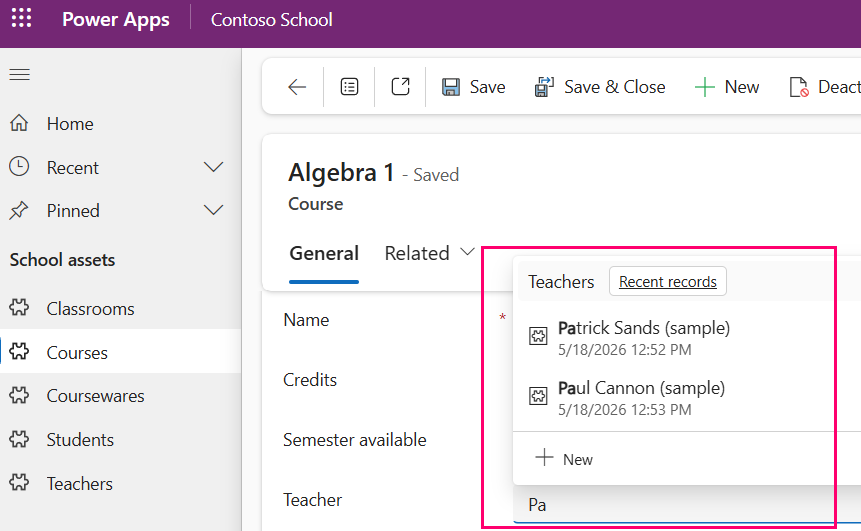 Example of a lookup column for a teacher table