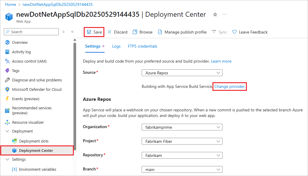 Screenshot that shows how to configure the deployment source.
