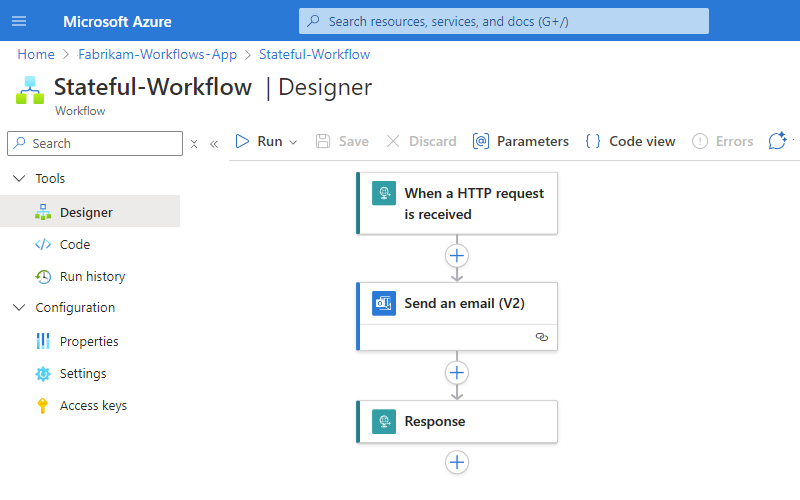 Screenshot shows logic app deployed from Visual Studio Code and designer with previously created workflow.