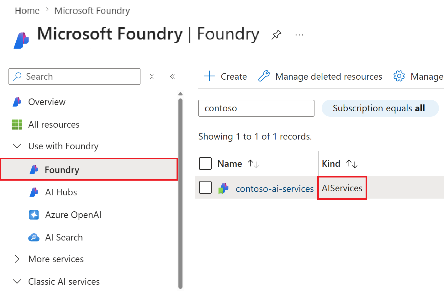 Screenshot of the multi-service resource page in the Azure portal.