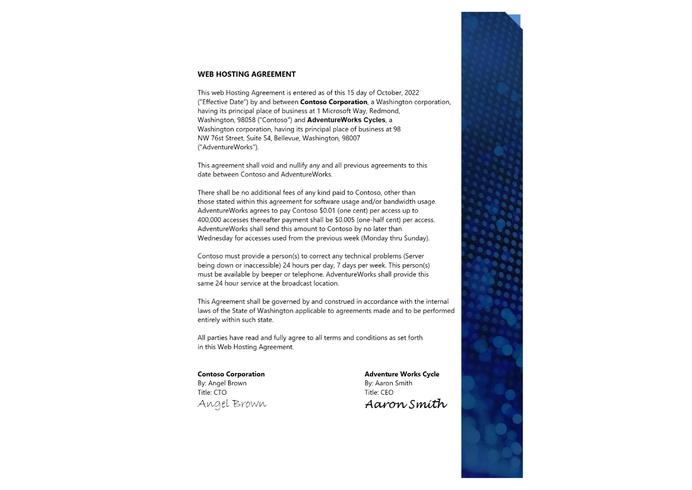 Scan of a sample web hosting agreement contract.