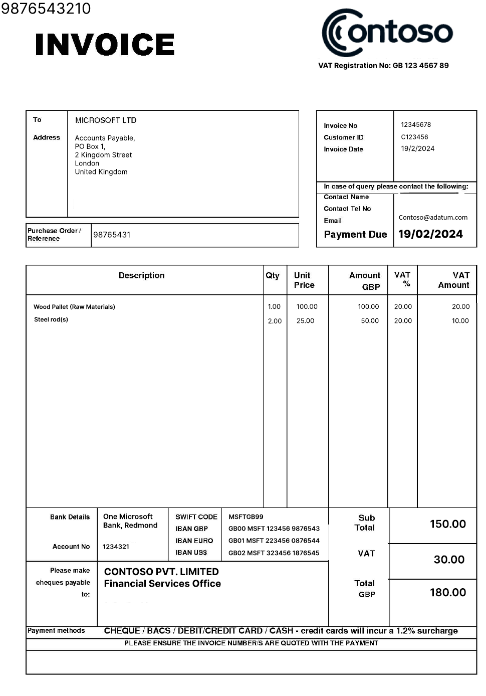 Scan of a sample invoice form with a vertical layout.