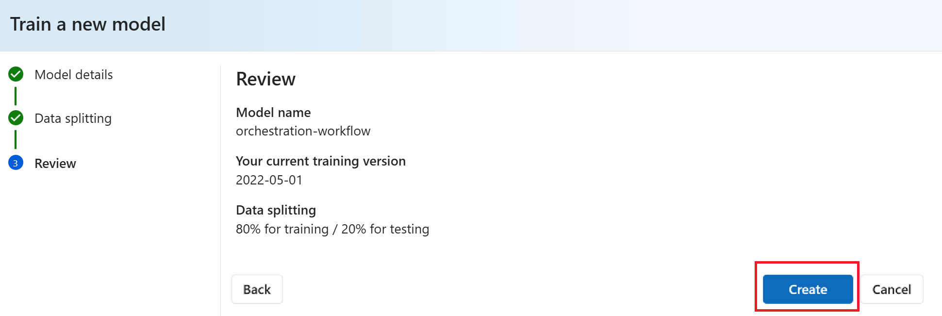Screenshot of orchestration model training summary in the Foundry.