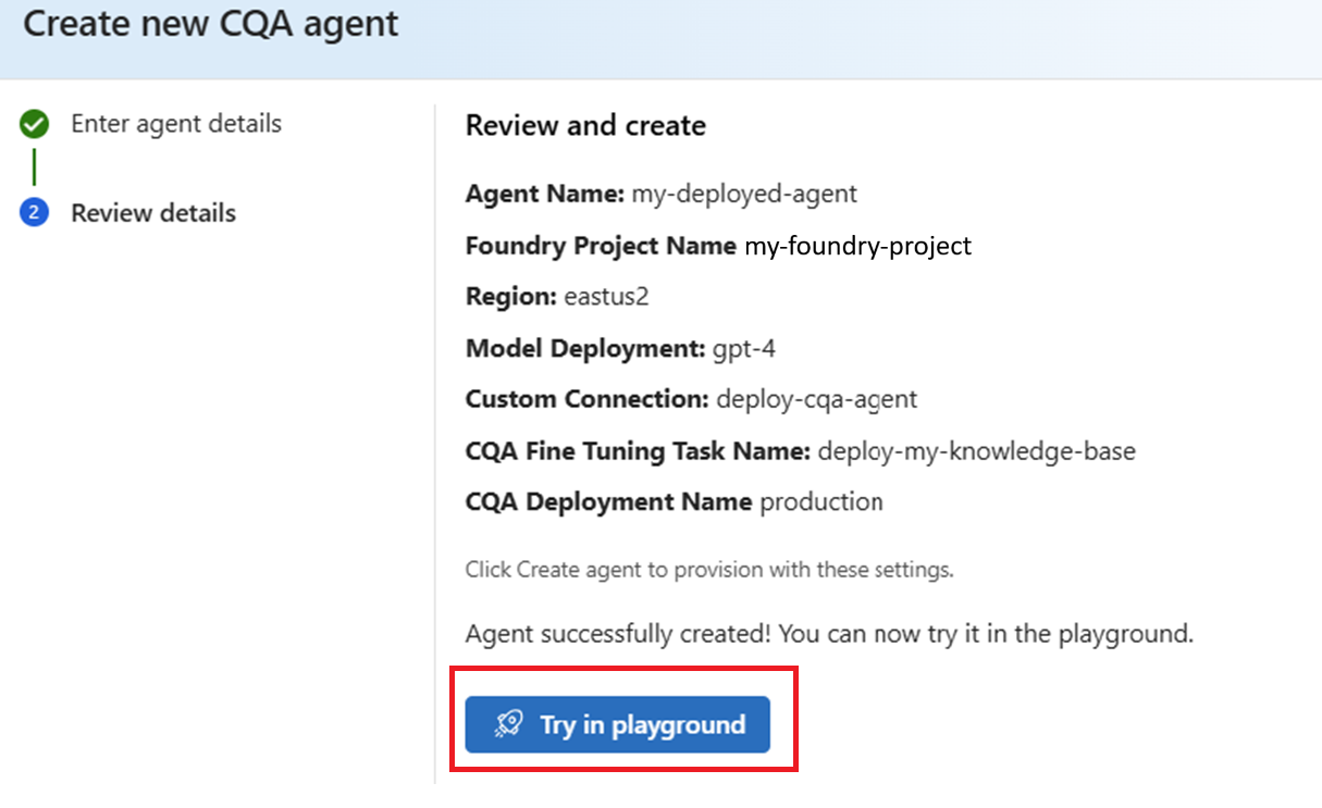 Screenshot of create CQA agent review and create window in Foundry.