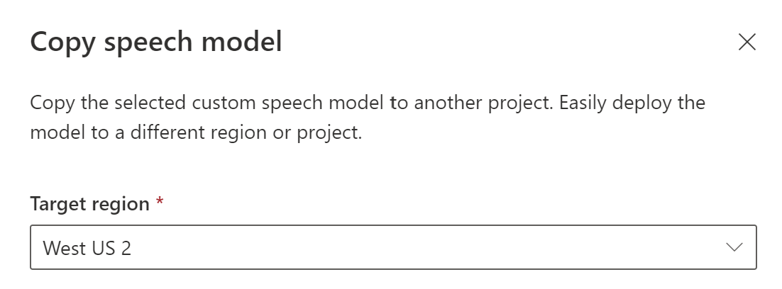 Screenshot of the Copy speech model page in Speech Studio.