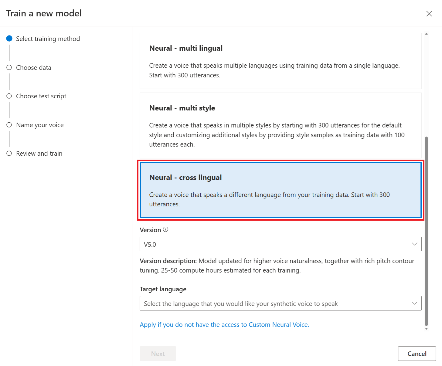 Screenshot that shows how to select neural cross lingual training.