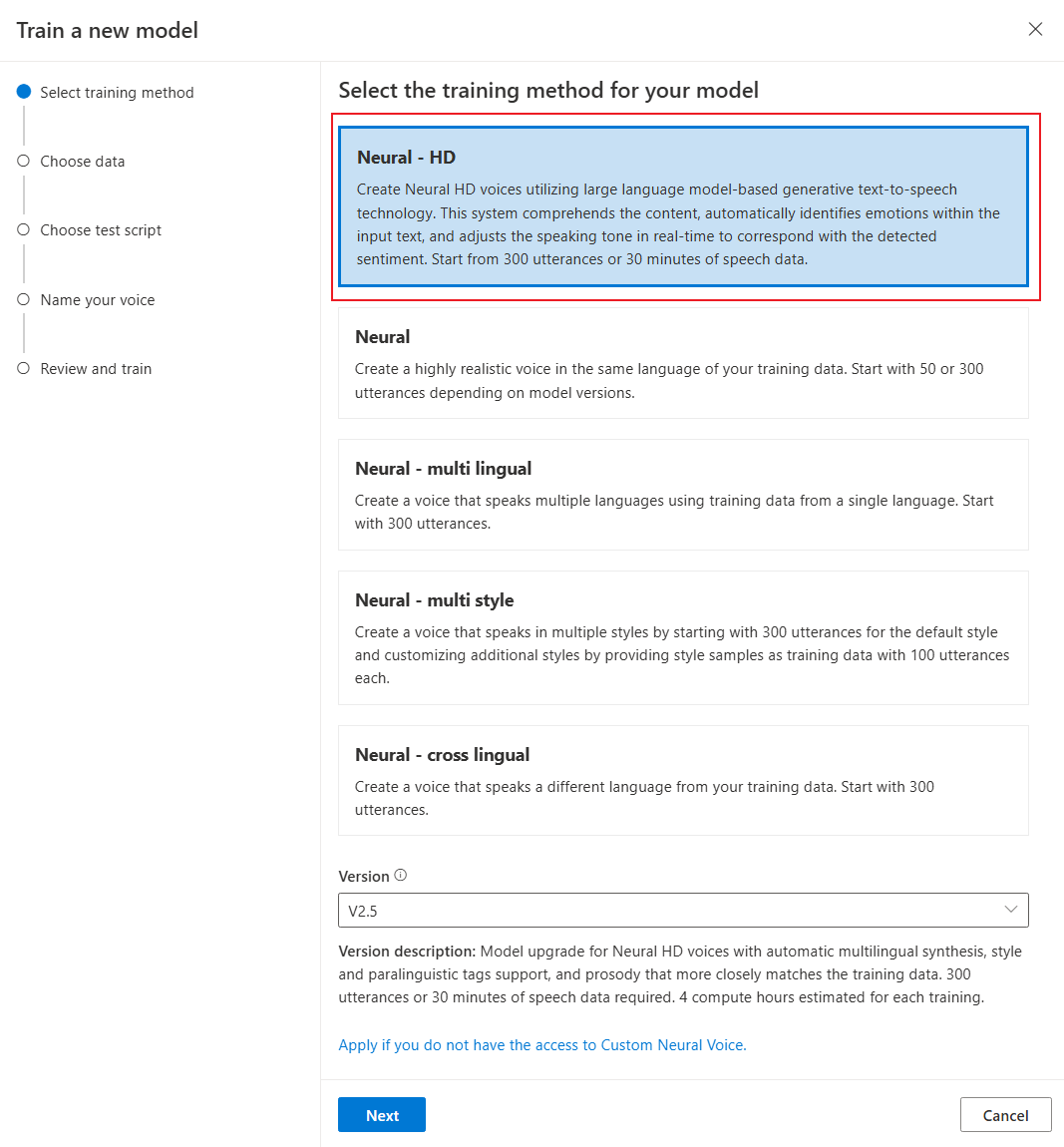 Screenshot that shows how to select neural HD voice training.