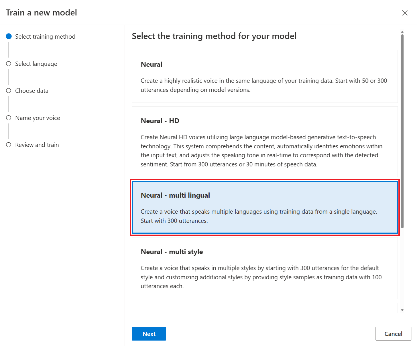 Screenshot that shows how to select neural multilingual training.