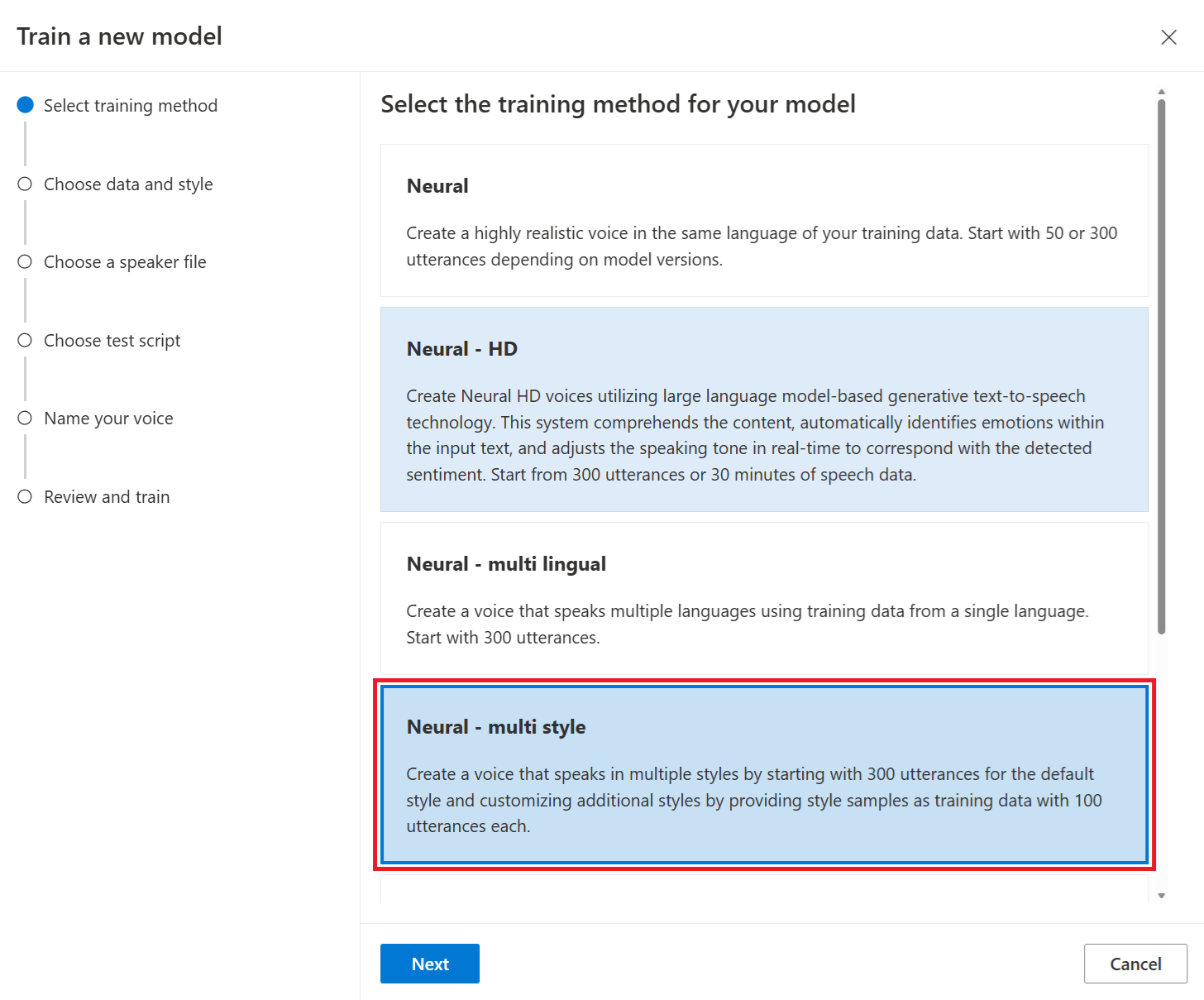 Screenshot that shows how to select neural multi style training.