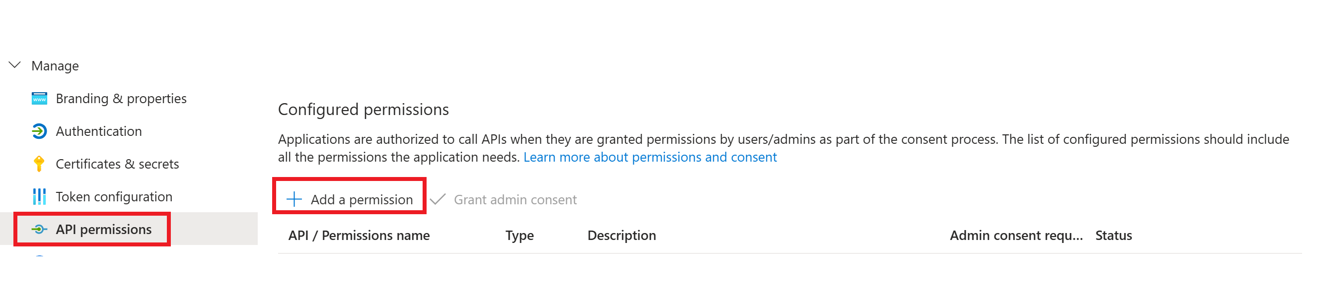 Screenshot of API permissions view in the Azure portal.