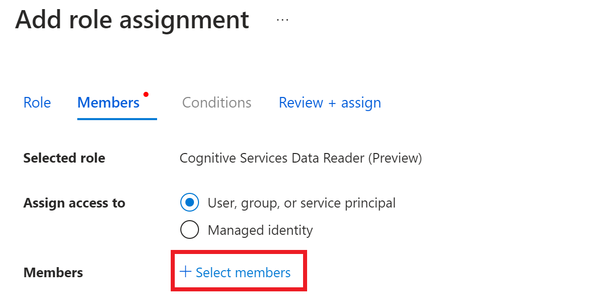 Screenshot of add role assignment members window.