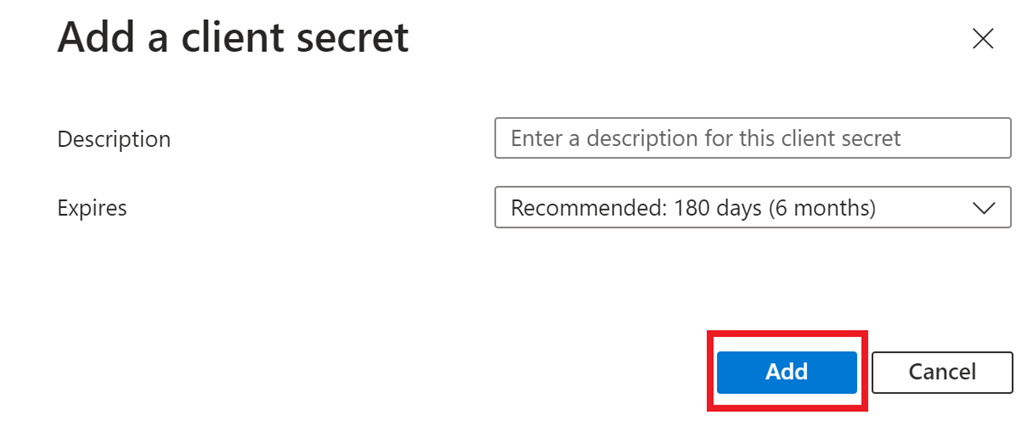 Screenshot of the Add a client secret setup window.