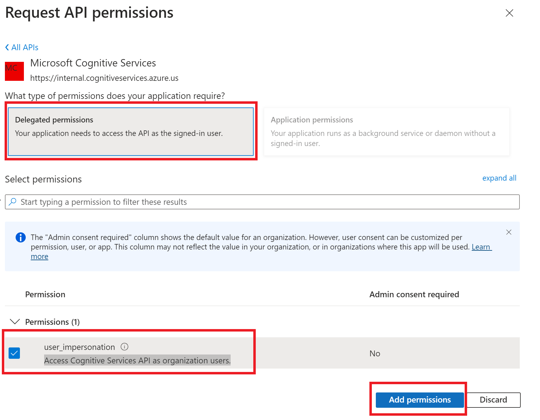 Screenshot of the Azure Cognitive Services application permissions window.