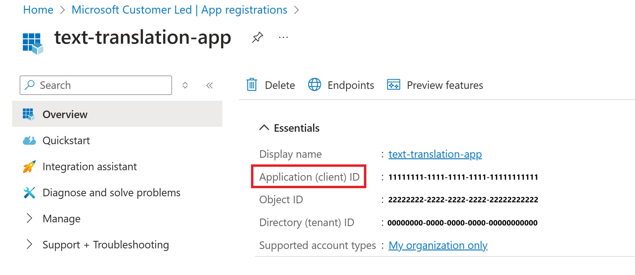 Screenshot of the App registration overview page.