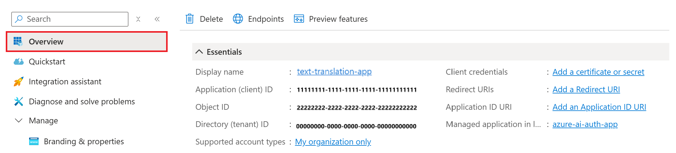 Screenshot of the App registration overview page in the Azure portal.