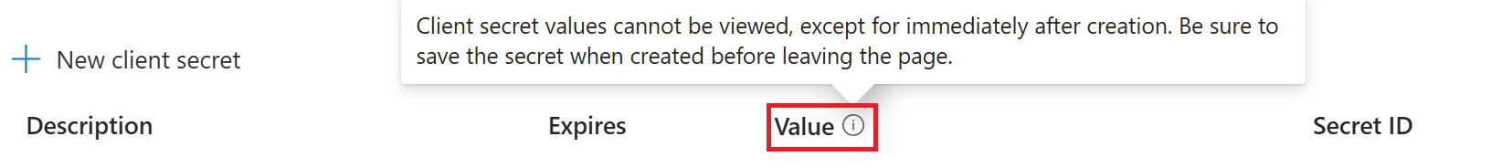 Screenshot of the client secret value location for a registered application in the Azure portal.