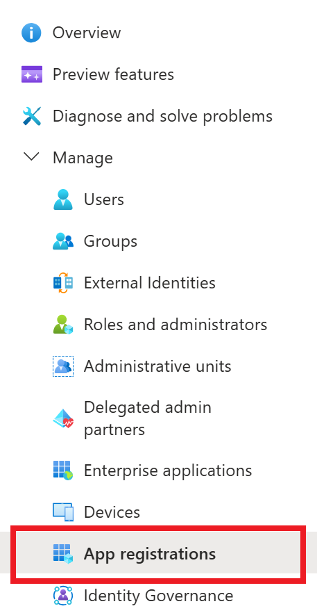 Screenshot of App registrations selection from the Manage menu.