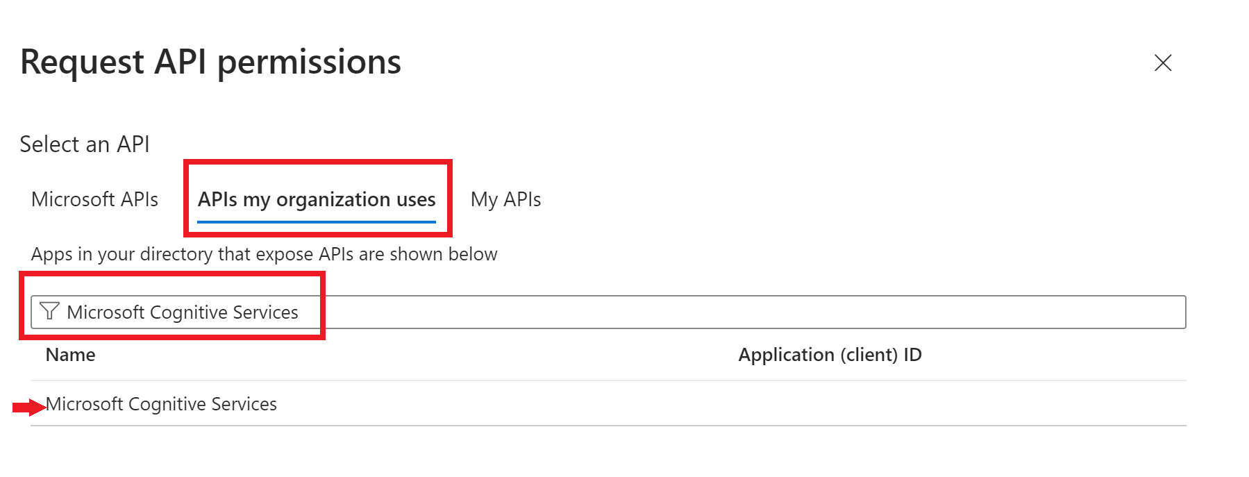 Screenshot of the Request API permissions search window.