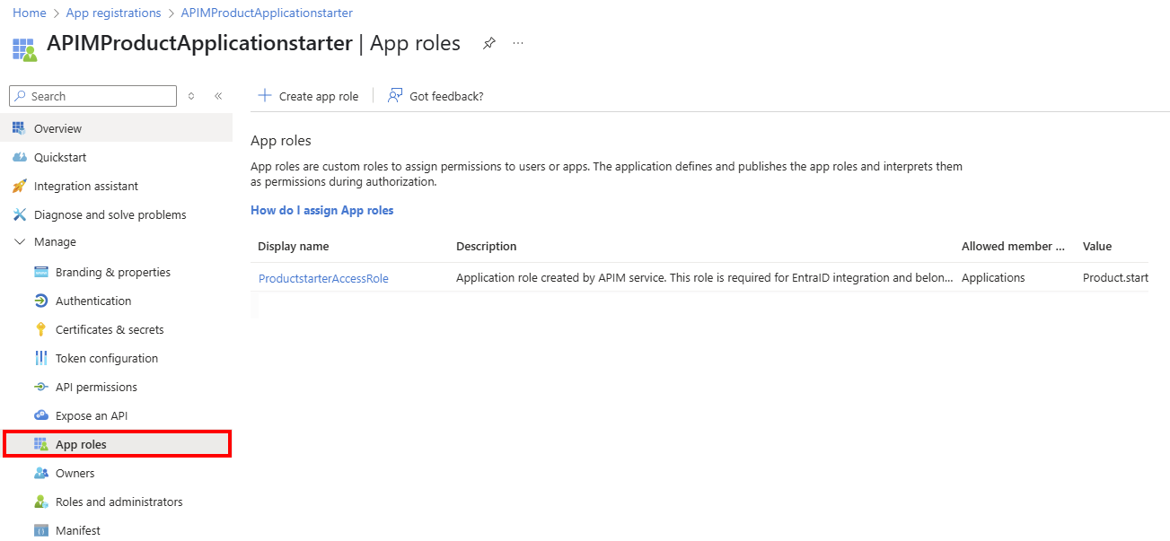 Screenshot of app roles in the portal.