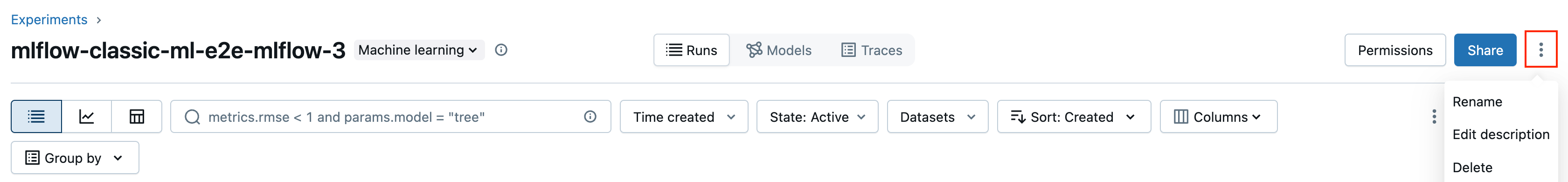 Rename from the experiment details page.