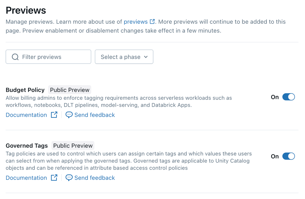 The account Previews page helps you discover new features.
