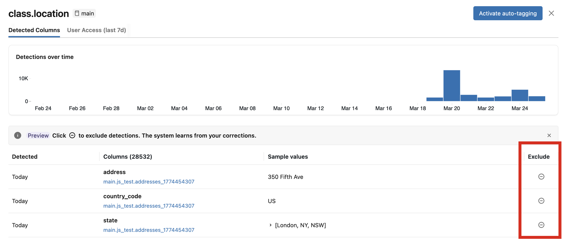 Excluding an individual column from detection.