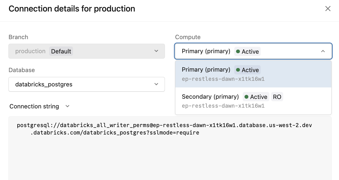Connection details dialog showing the Compute dropdown open with Primary and Secondary RO options, and the read-only connection string displayed