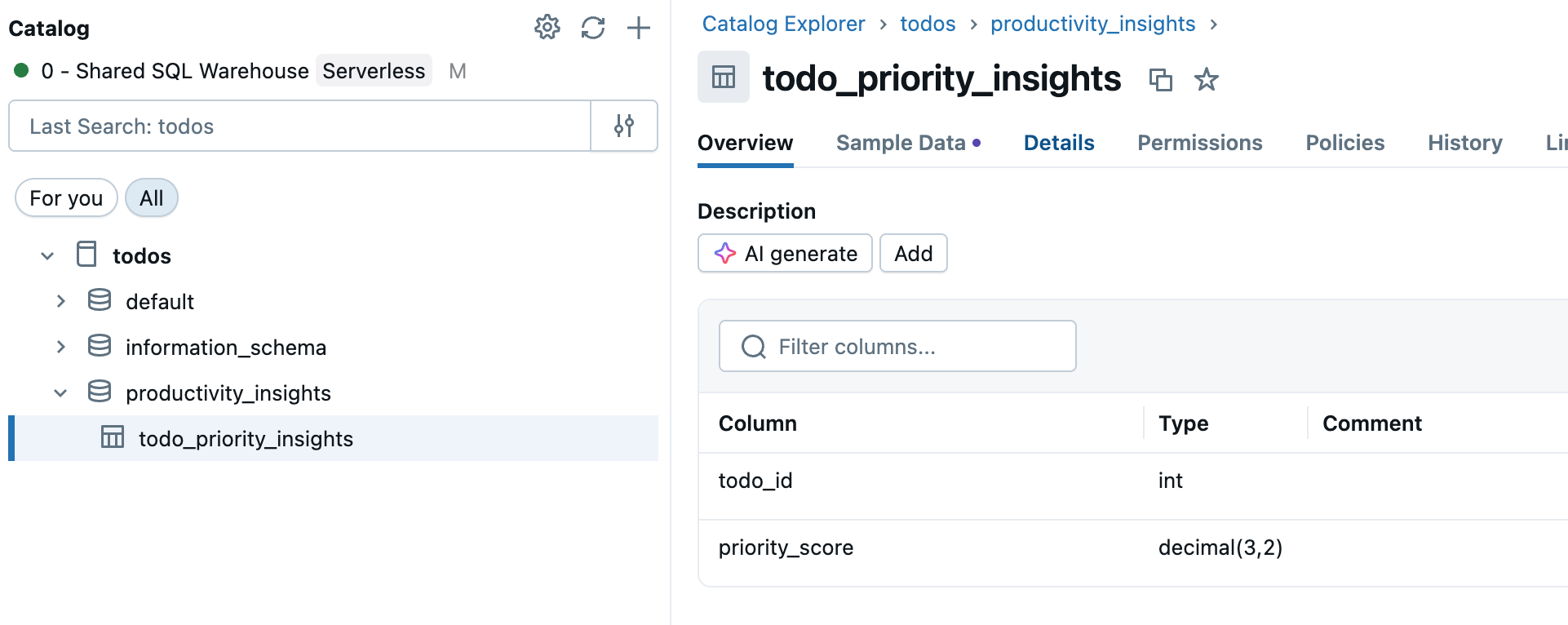 Catalog Explorer showing a selected table