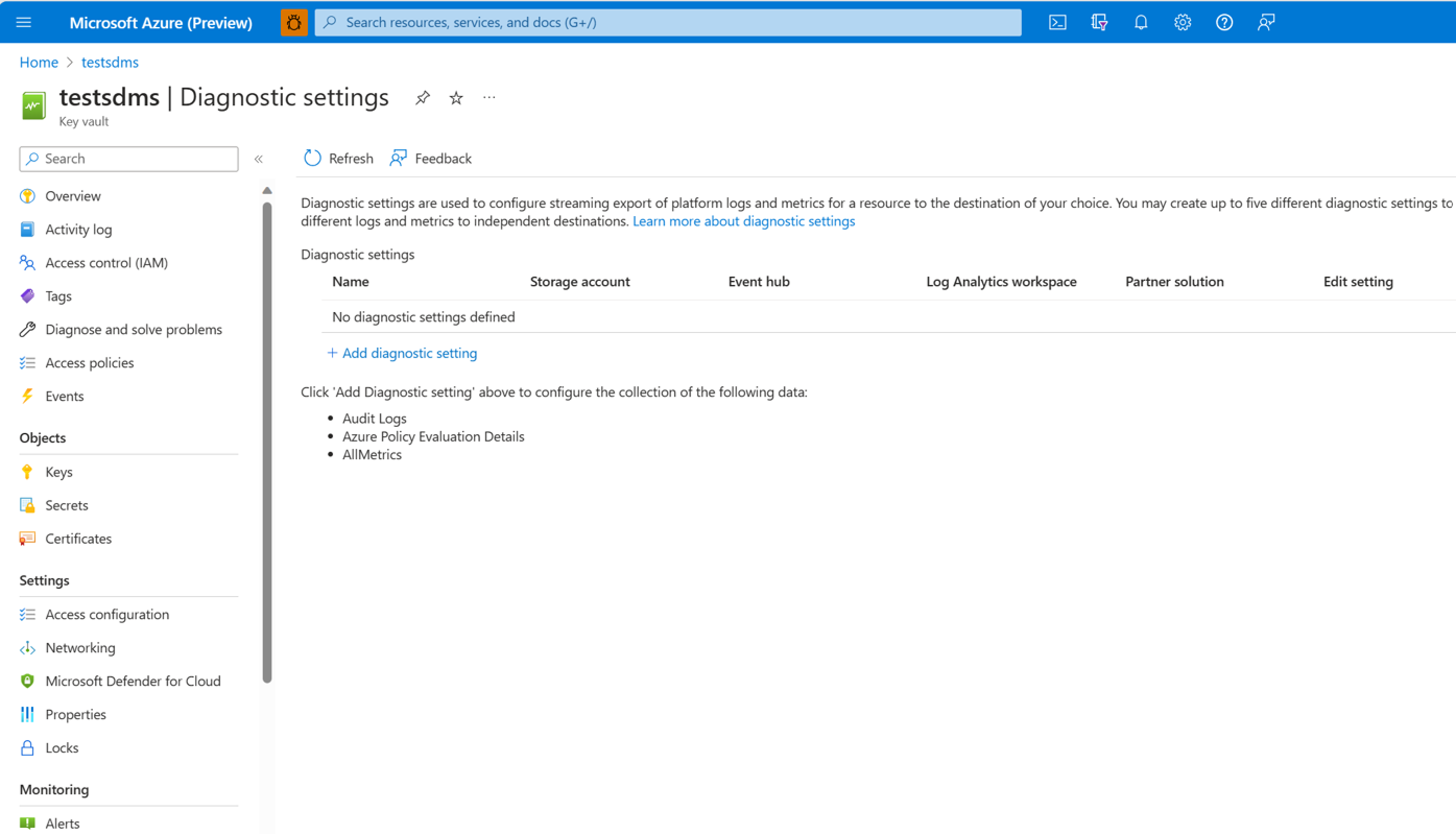 Screenshot of audit events option in diagnostic settings.