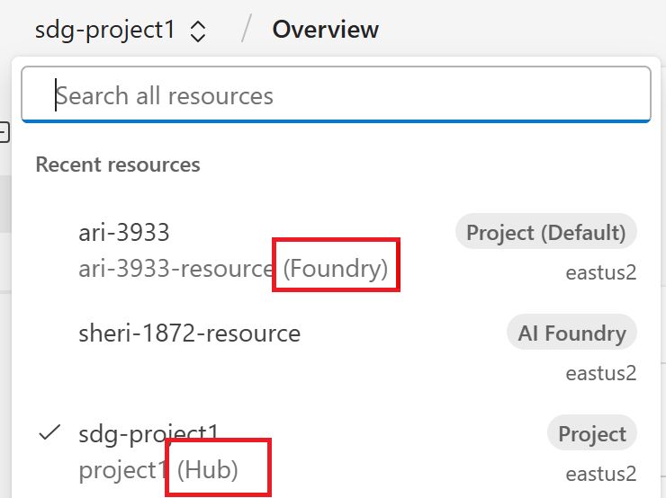 Screenshot shows both a Foundry and hub-based project in the breadcrumb navigation.