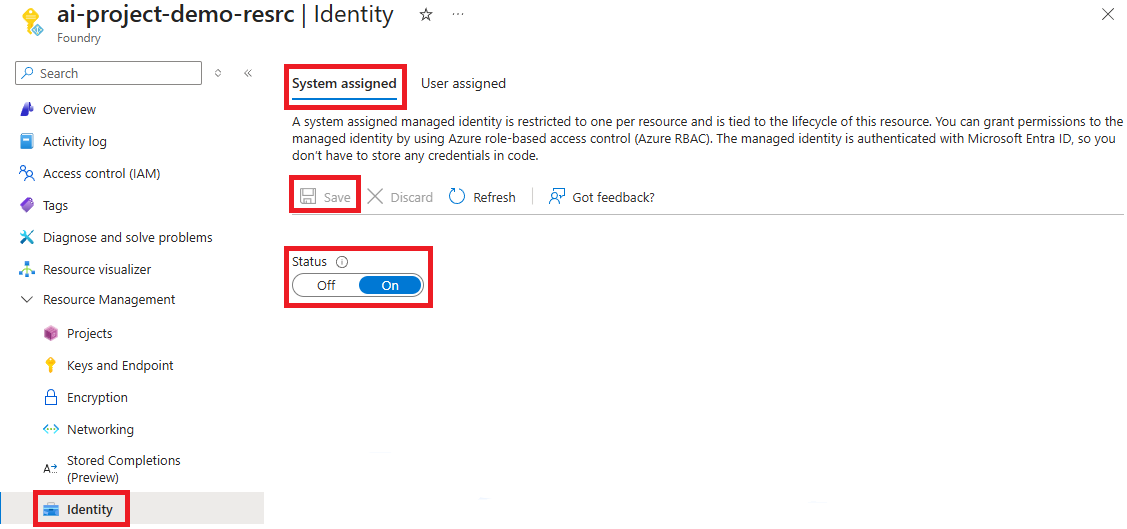 Screenshot of setting the status of managed identity to on.