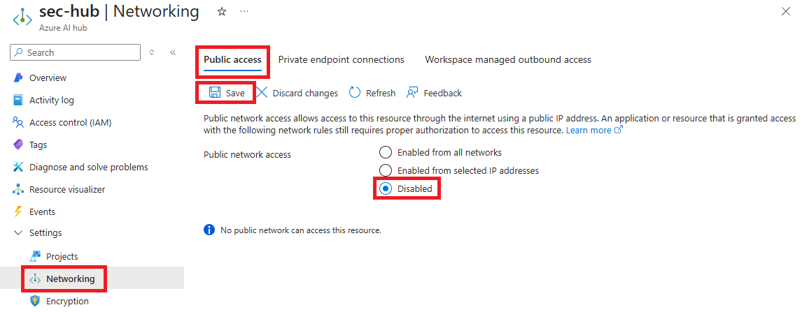Screenshot of Foundry hub settings with public access disabled.