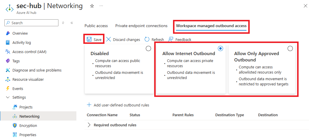 Screenshot of the Foundry hub settings with allow internet outbound selected.
