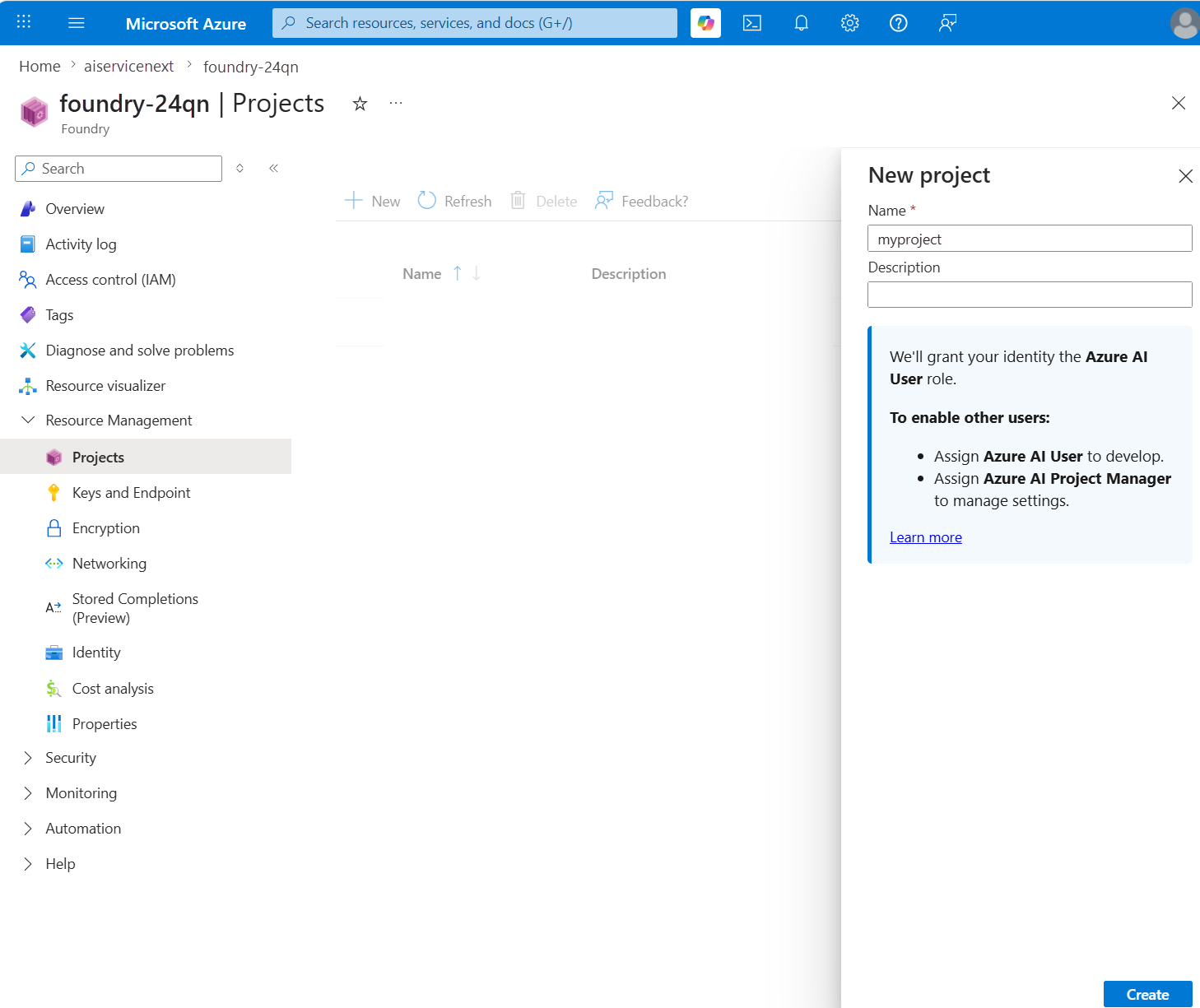 Screenshot of projects navigation in Azure portal.