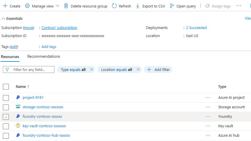 Screenshot of Foundry resource in Azure portal.
