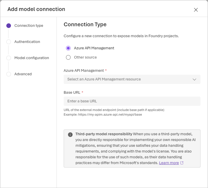 Screenshot of selecting an API Management resource in the Foundry portal.