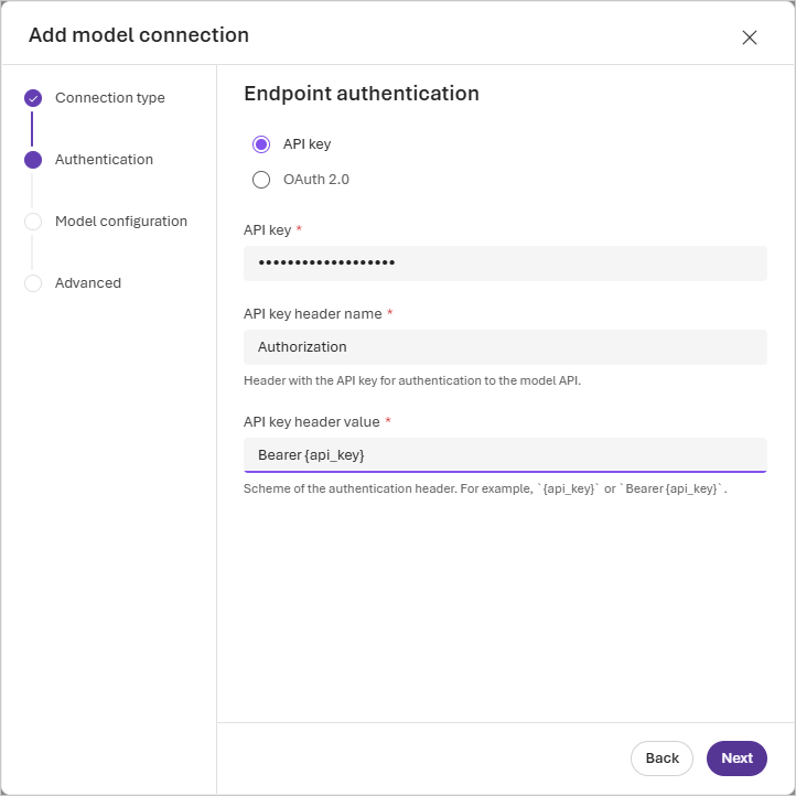 Screenshot of the Authentication page in the Add model connection wizard.