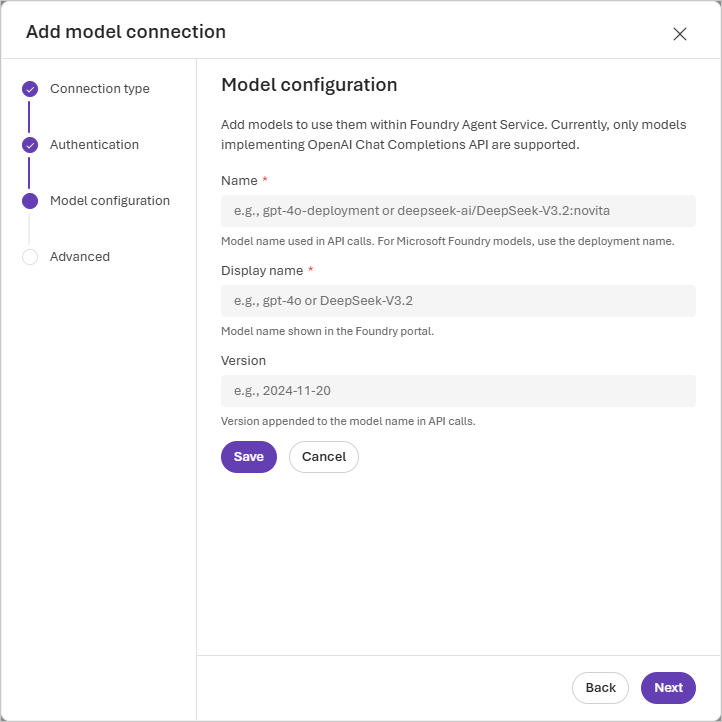 Screenshot of the Model configuration page in the Add model connection wizard.