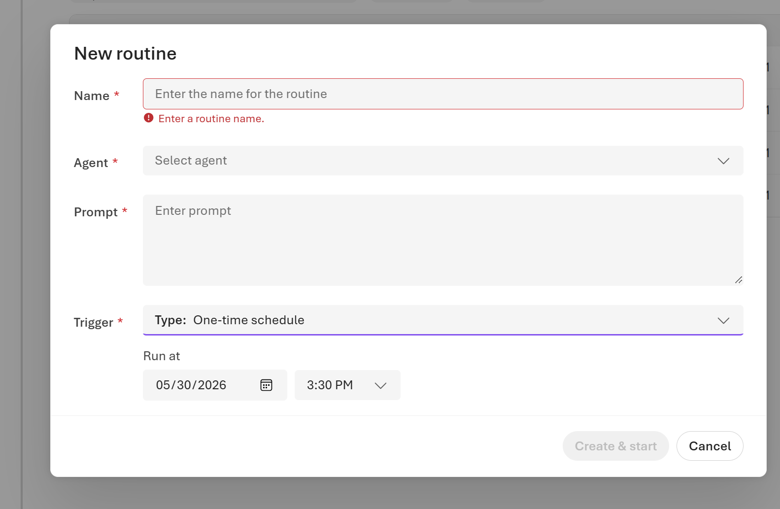 Screenshot of the New routine dialog with the One-time schedule trigger type selected, showing a date picker and a time picker under Run at.