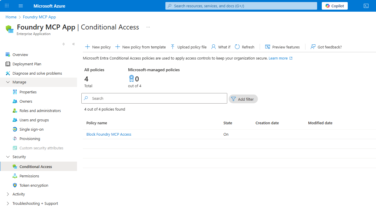 Screenshot of conditional access options for the app configuration.