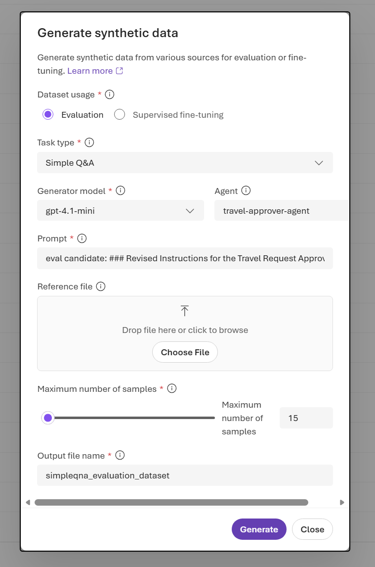 Screenshot of the Generate synthetic data dialog showing Dataset usage set to Evaluation, Task type set to Simple Q&A, Generator model, source inputs, Maximum number of samples, and Output file name.