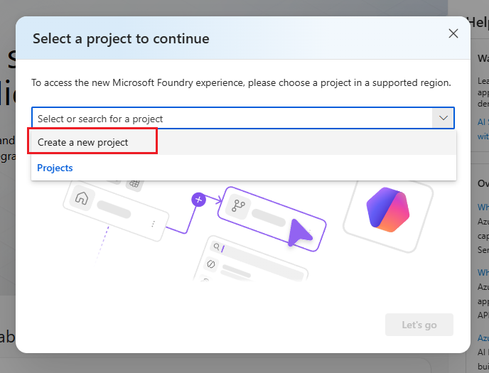 Screenshot of the Foundry portal showing the project selection dropdown with the Create new project option highlighted.
