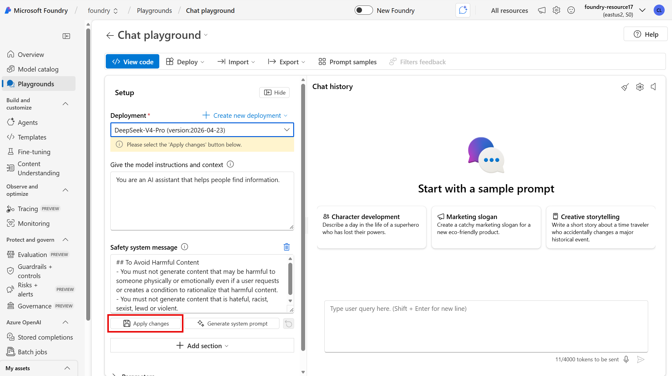 Screenshot of Foundry portal showing how to apply changes and run a test in the Chat playground.
