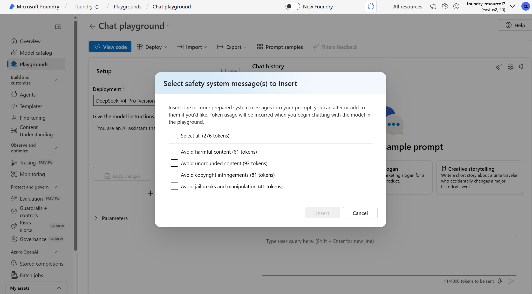 Screenshot of Foundry portal showing a list of available safety system message templates to select.