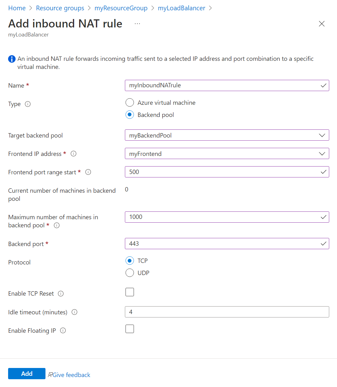 Screenshot of multiple virtual machines inbound NAT rule configuration interface showing frontend port range and backend pool settings.