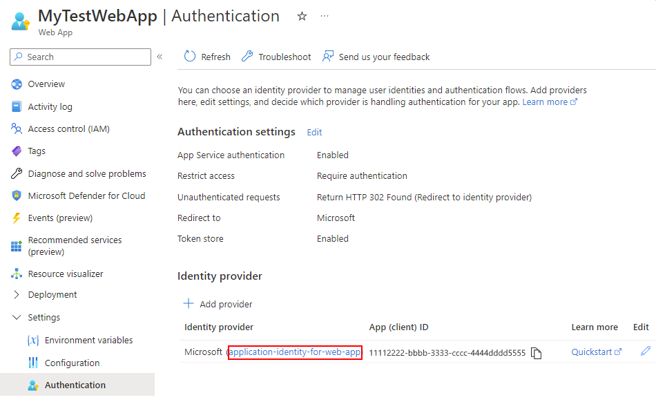 Screenshot shows Authentication page open for newly created application identity.