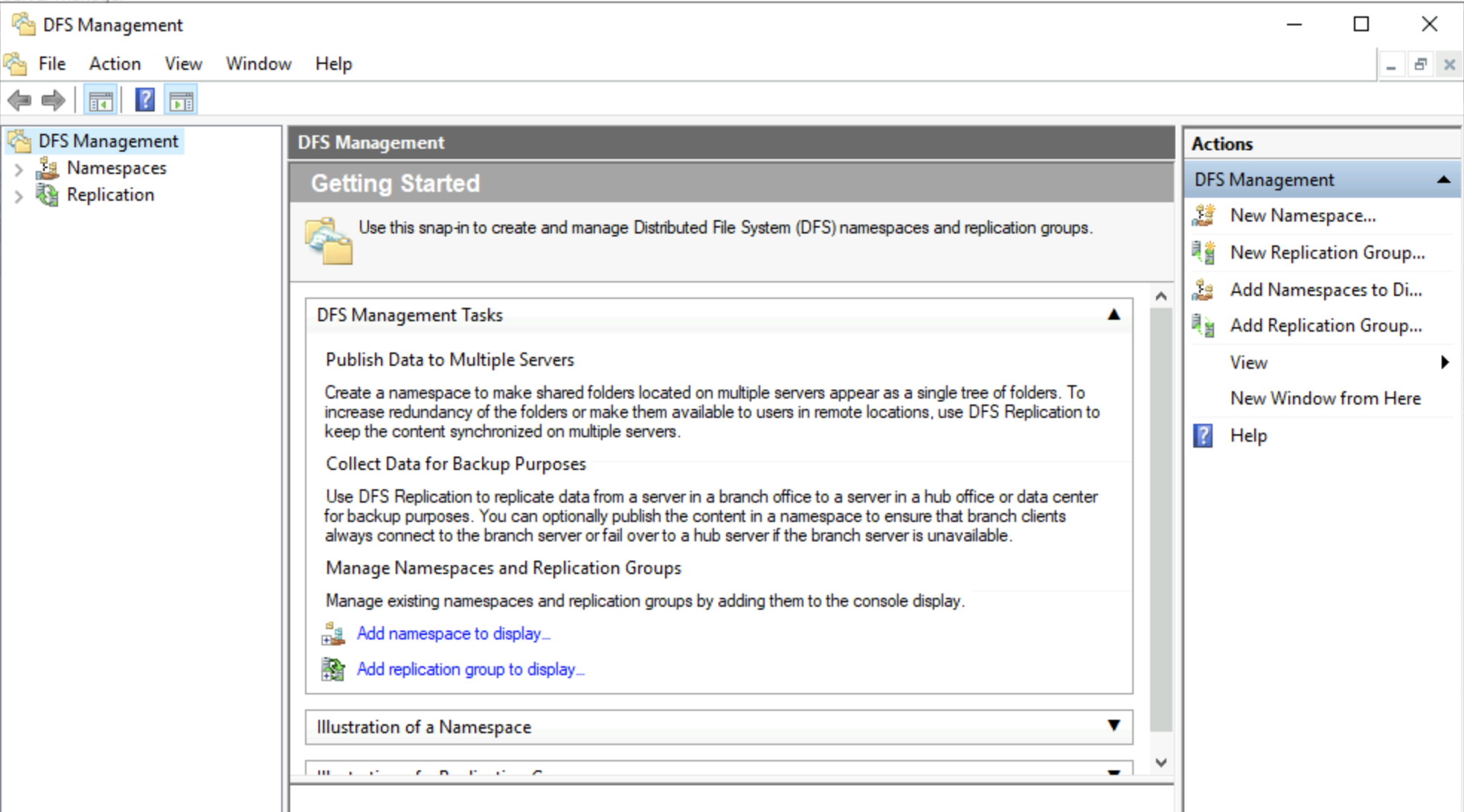Screenshot of the DFS Management console opening screen in the setup sequence.