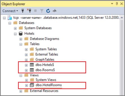 Screenshot of tables and view in the Hotels database. Tables and view in the Hotels database